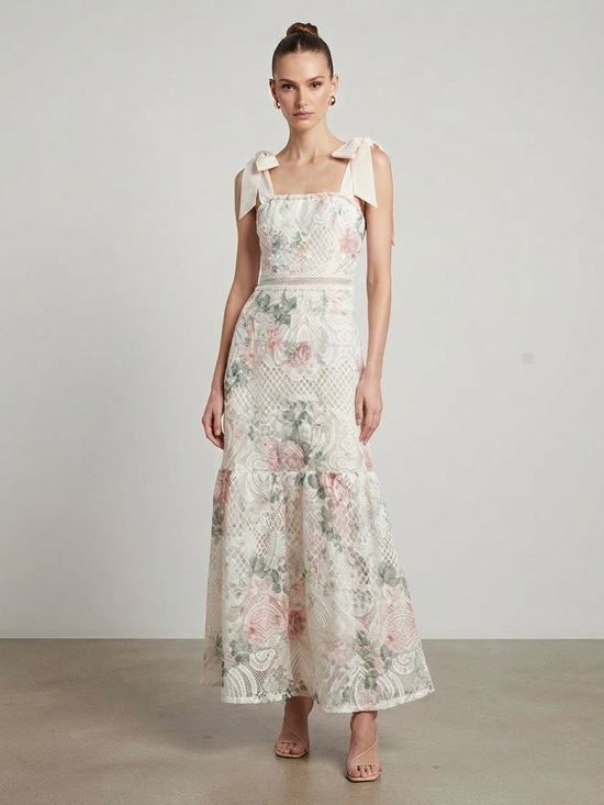 Dresses & Skirts - Ivory Floral Lace Midi Dress with Tie Straps